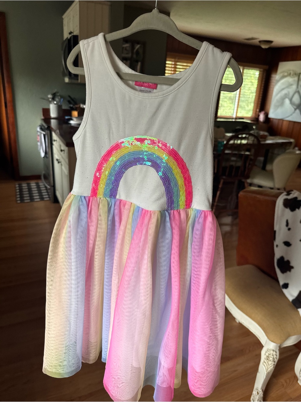 Zunie White Tank Dress with Multicolor Sequin Rainbow and Pastel Tulle